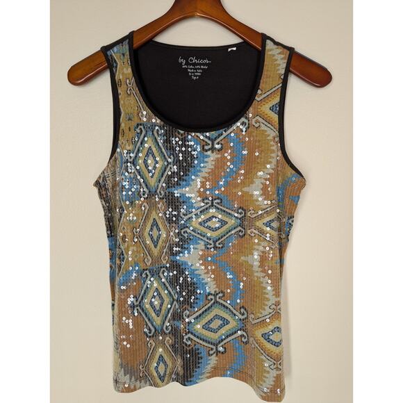 Chico's Women's Y2K Western Sequin Scoop Neck Tank Top Shirt Brown Size 0 XS - Picture 1 of 9